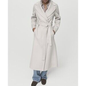 New NWT Womens M Mango MNG Handmade Wool Coat Belt Ice Grey Cream White Ripped